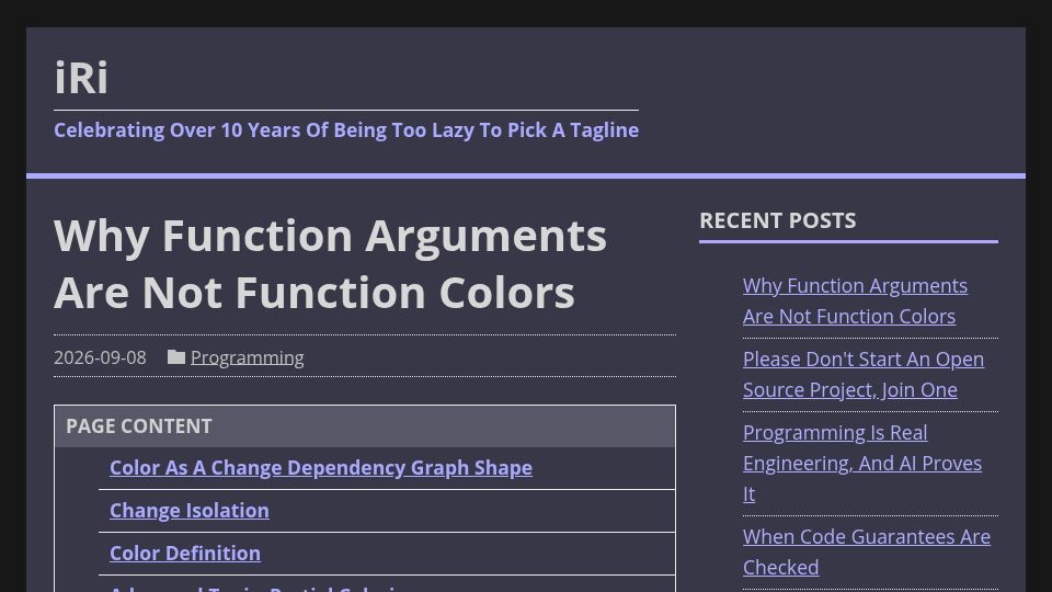 Screenshot of jerf.org: Function Arguments Are Not Function Colors