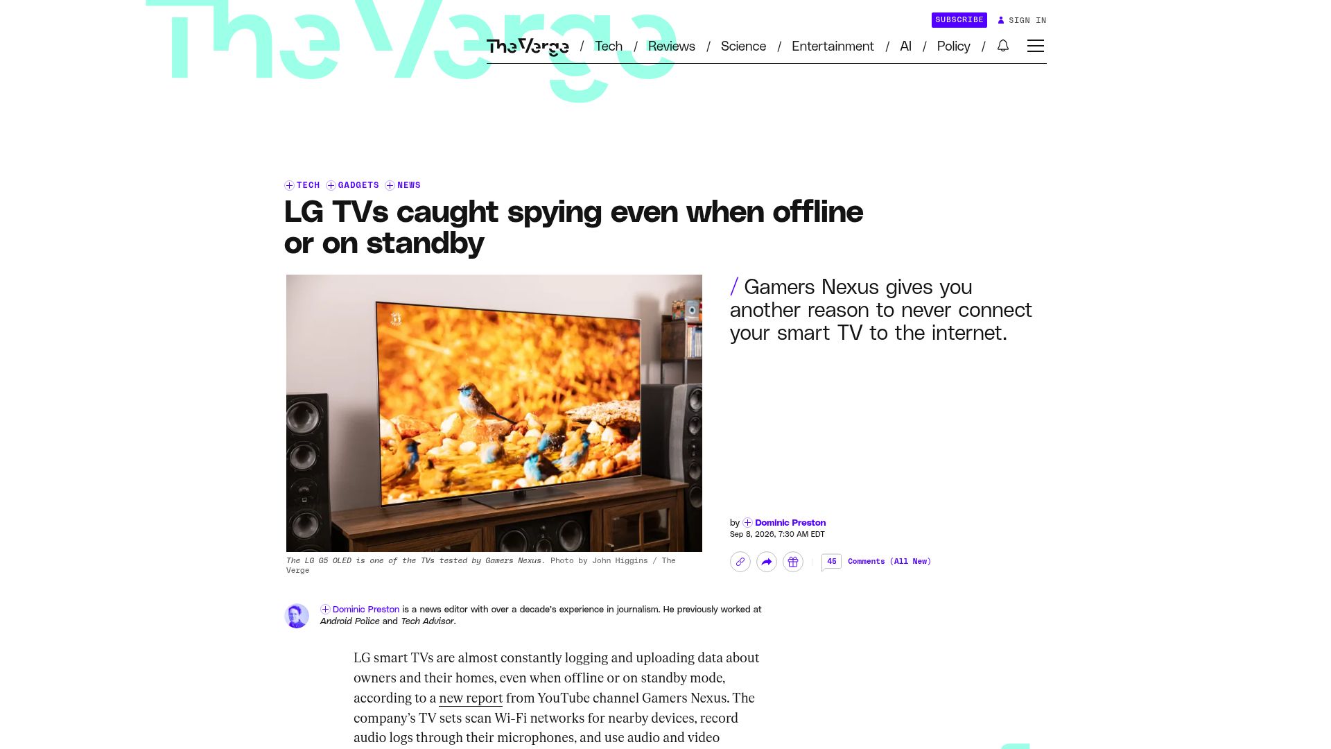Screenshot of theverge.com: LG TVs caught spying even when offline or on standby