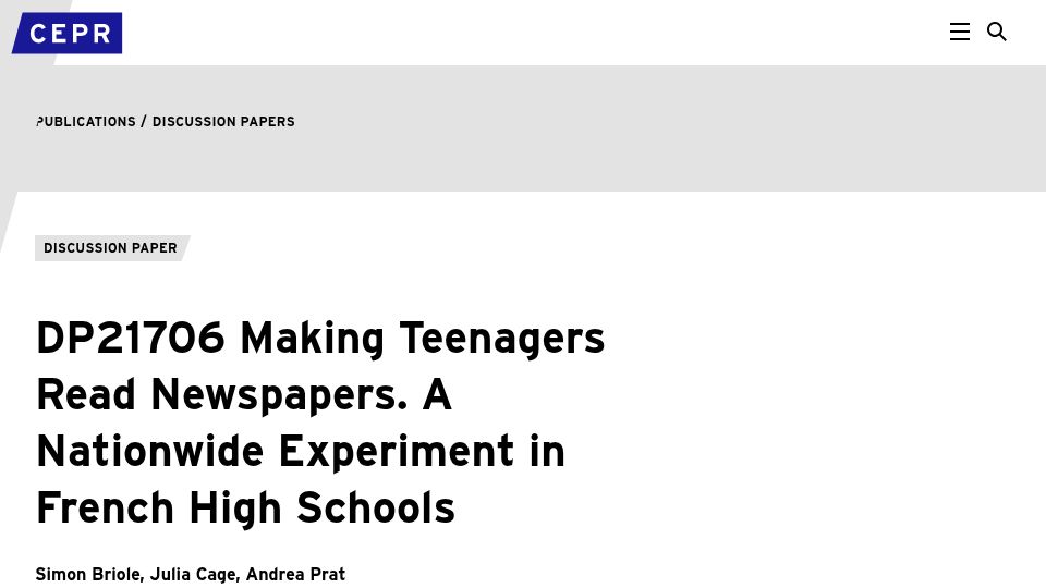 Screenshot of cepr.org: Making Teenagers Read Newspapers. A Nationwide Experiment in French High Schools