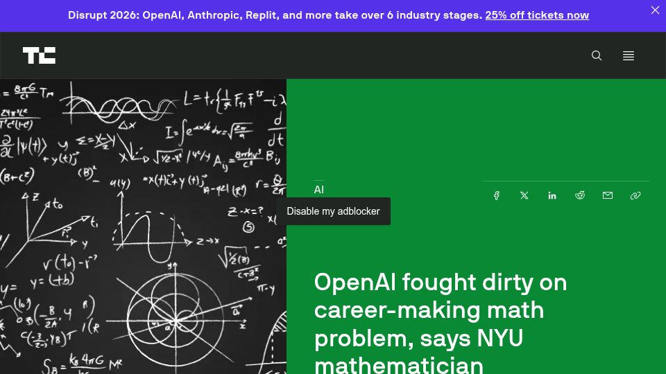 Screenshot of techcrunch.com: OpenAI fought dirty on career-making math problem