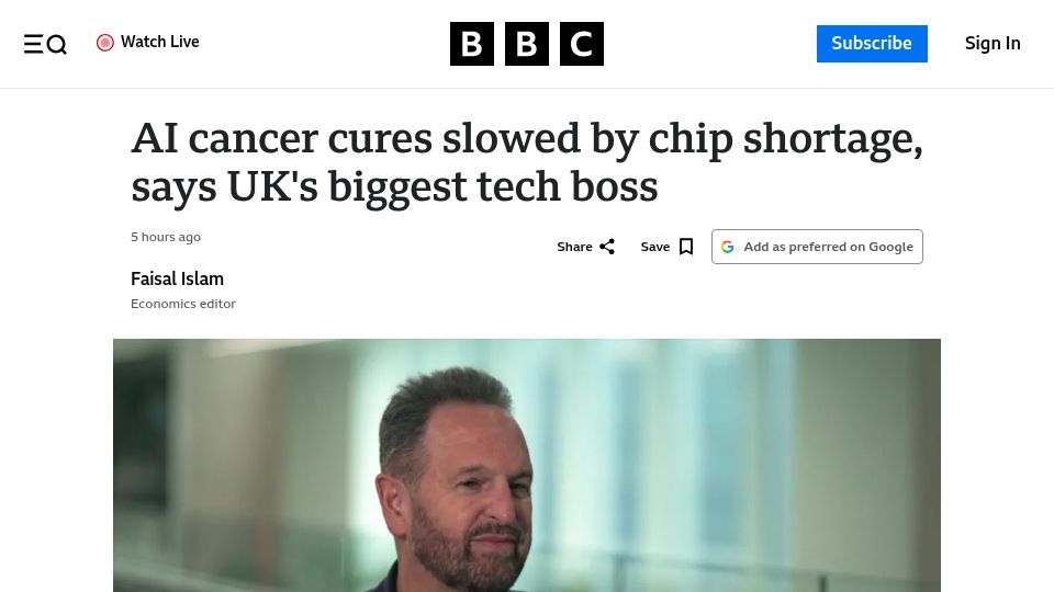 Screenshot of bbc.com: AI cancer cures slowed by chip shortage, says Arm boss