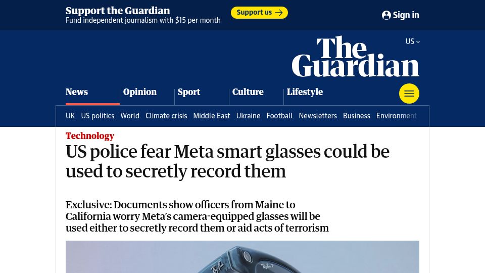 Screenshot of theguardian.com: US police fear Meta smart glasses could be used to secretly record them