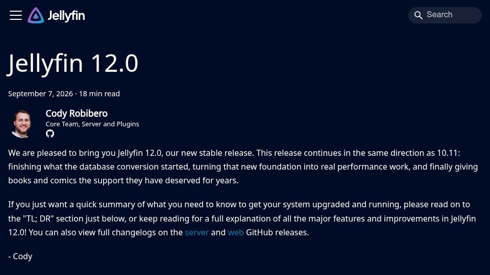 Screenshot of jellyfin.org: Jellyfin 12.0