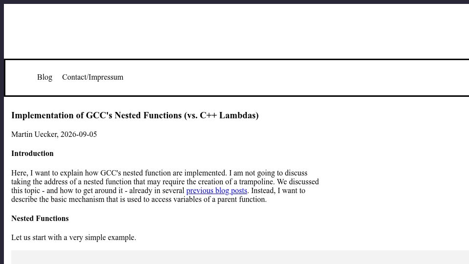 Screenshot of uecker.codeberg.page: Implementation of GCC's Nested Functions (vs. C++ Lambdas)