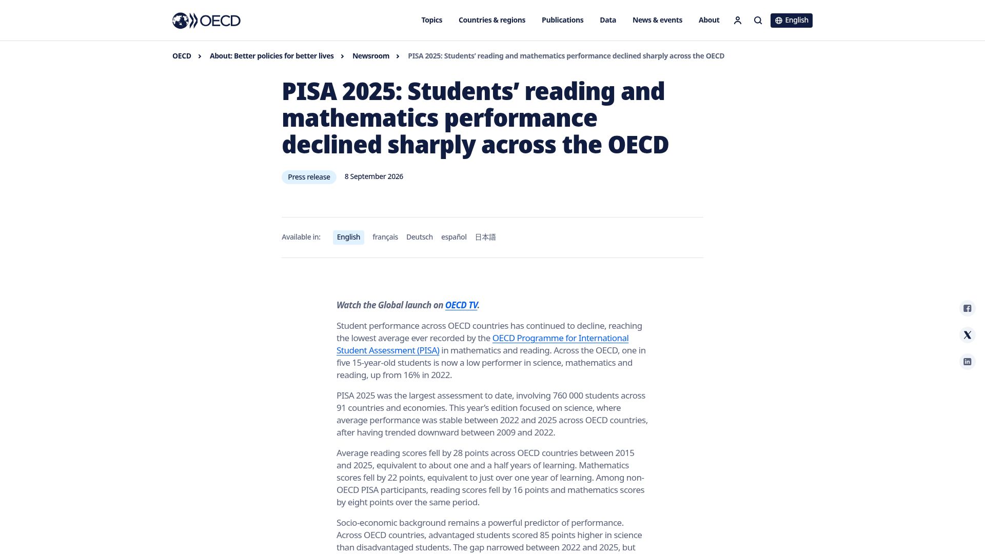 Screenshot of oecd.org: PISA 2025 Students' reading and mathematics performance declined across the OECD
