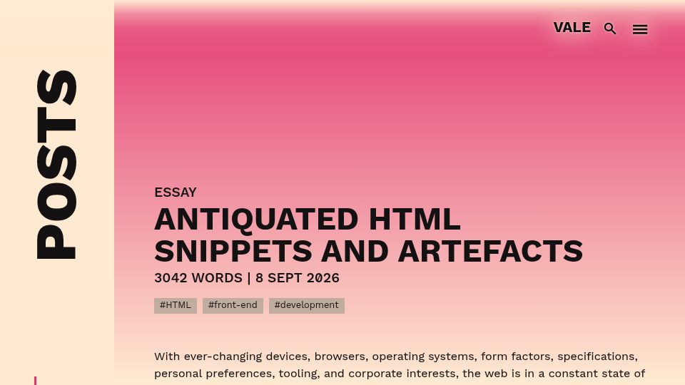 Screenshot of vale.rocks: Antiquated HTML Snippets and Artefacts