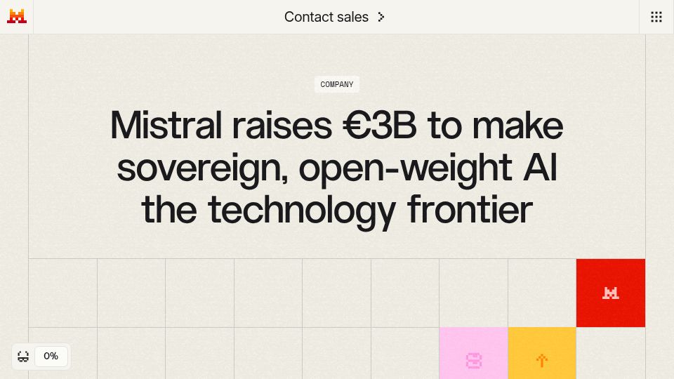 Screenshot of mistral.ai: Mistral raises €3B