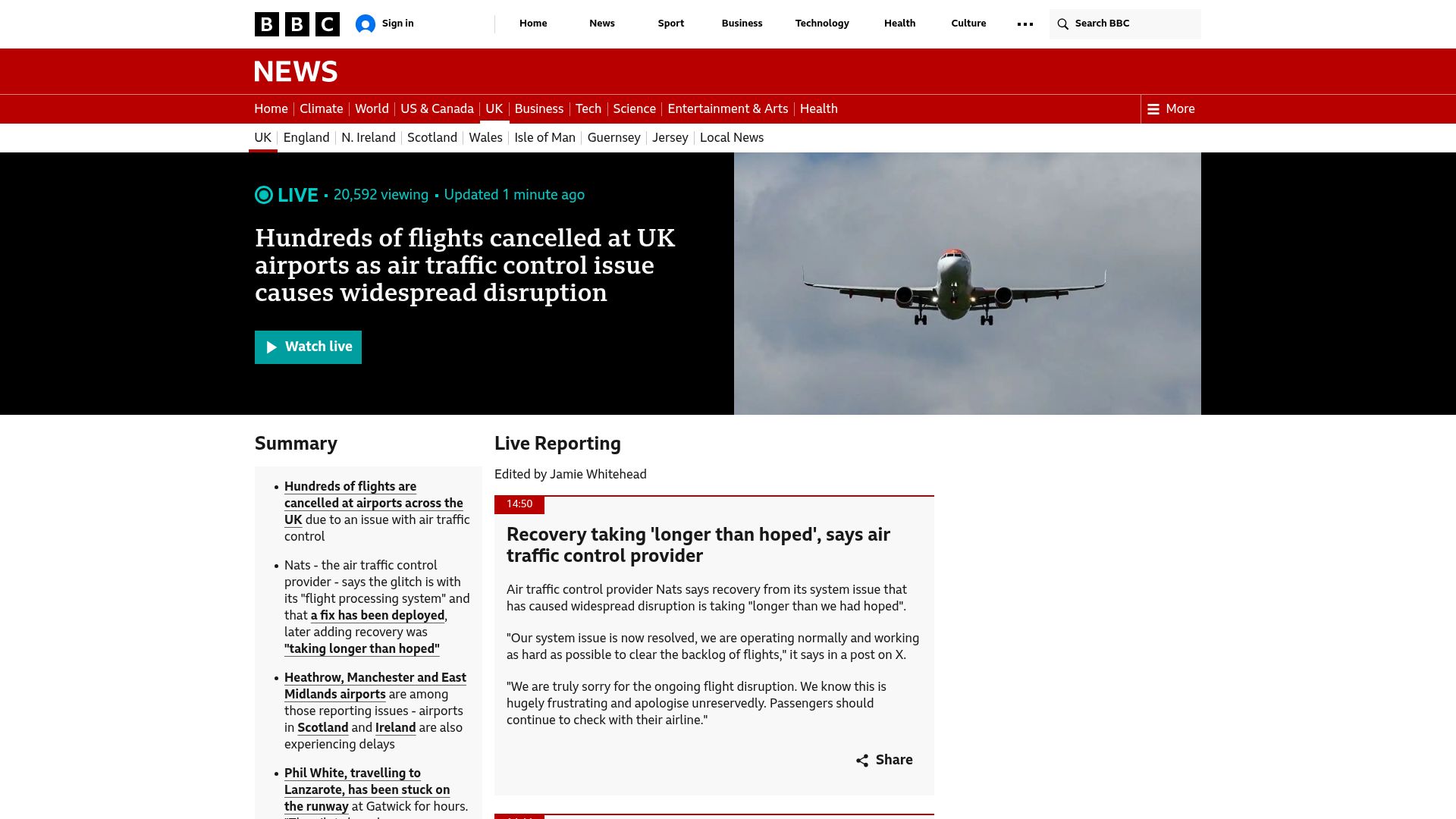 Screenshot of bbc.com: Flights cancelled at UK airports due to ATC issue