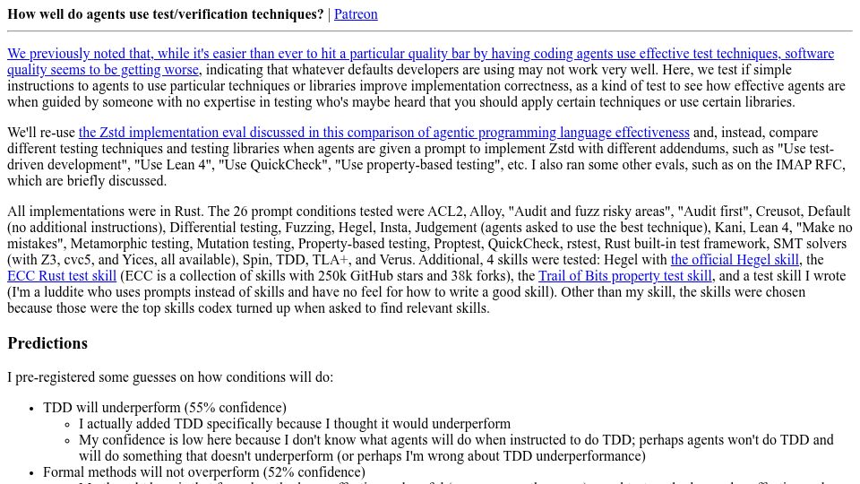 Screenshot of danluu.com: How well do agents use test/verification techniques?