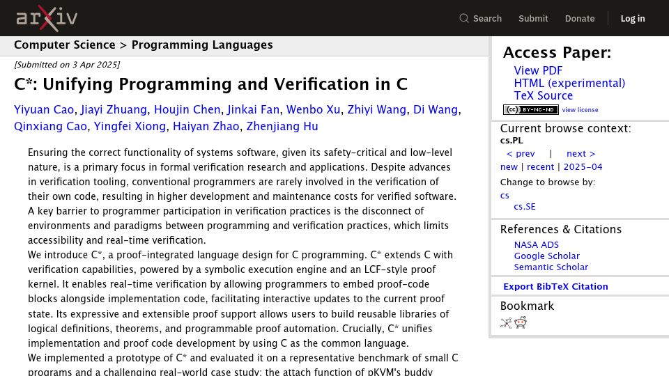 Screenshot of arxiv.org: C*: Unifying Programming and Verification in C (2025)