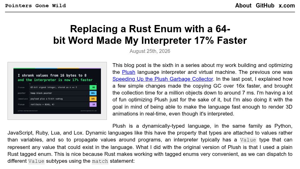 Screenshot of pointersgonewild.com: Replacing a Rust Enum with a 64-Bit Word Made My Interpreter 17% Faster