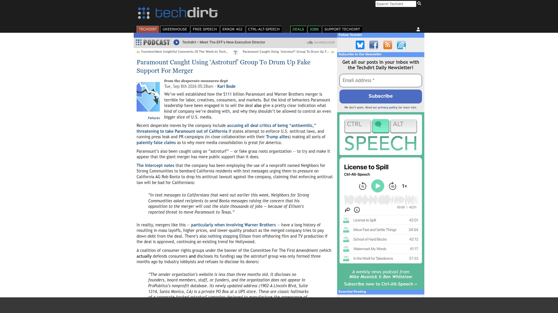 Screenshot of techdirt.com: Paramount Caught Using 'Astroturf' Group to Drum Up Fake Support for Merger