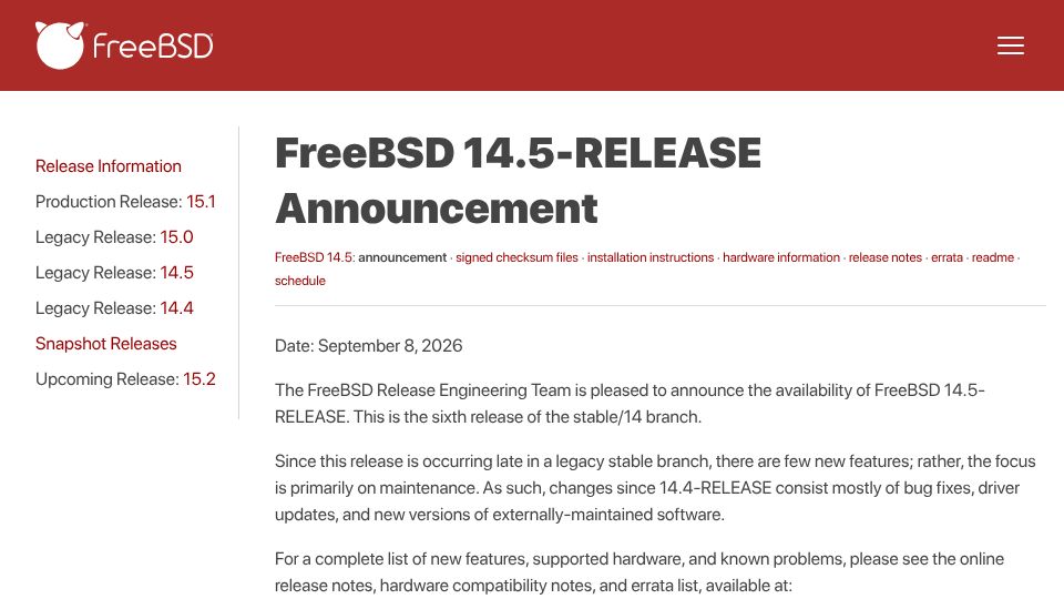 Screenshot of freebsd.org: FreeBSD 14.5-Release