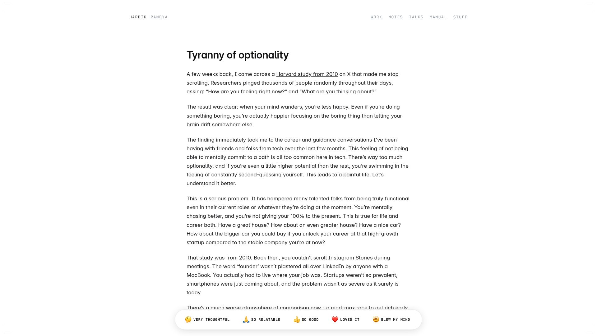 Screenshot of hvpandya.com: Tyranny of Optionality