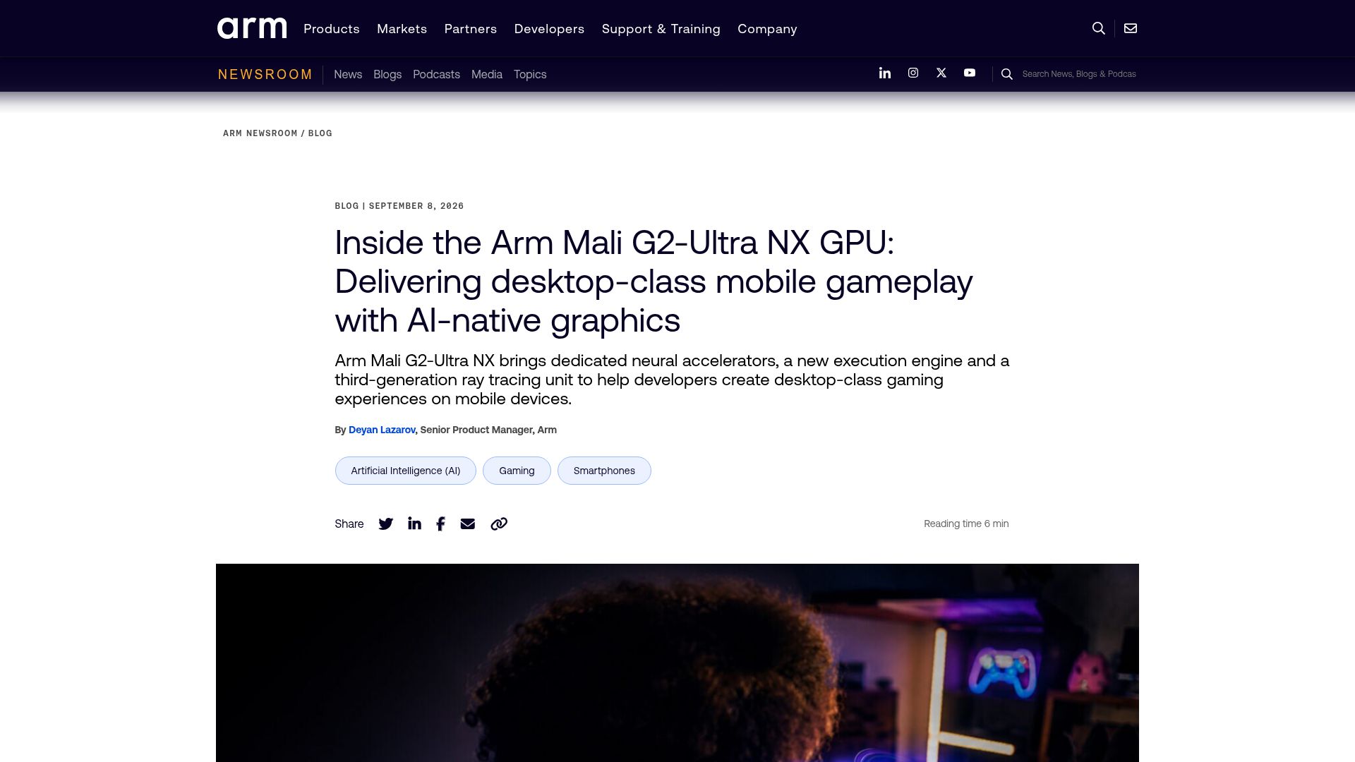 Screenshot of newsroom.arm.com: Arm Mali G2-Ultra NX GPU: desktop-class mobile gameplay with AI-native graphics