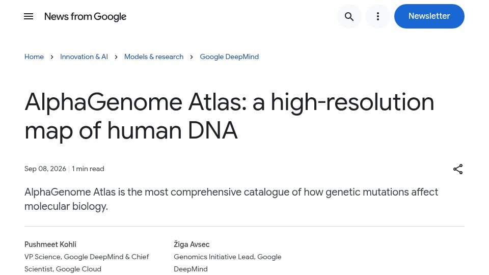 Screenshot of blog.google: AlphaGenome Atlas: a high-resolution map of human DNA