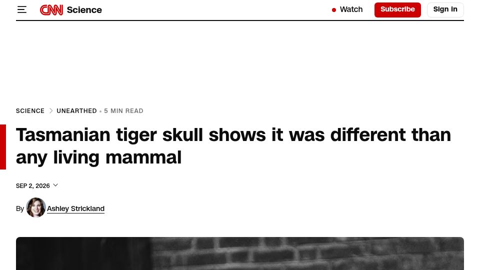 Screenshot of cnn.com: Extinct Tasmanian tiger's 'snap' unlike any living mammal's bite