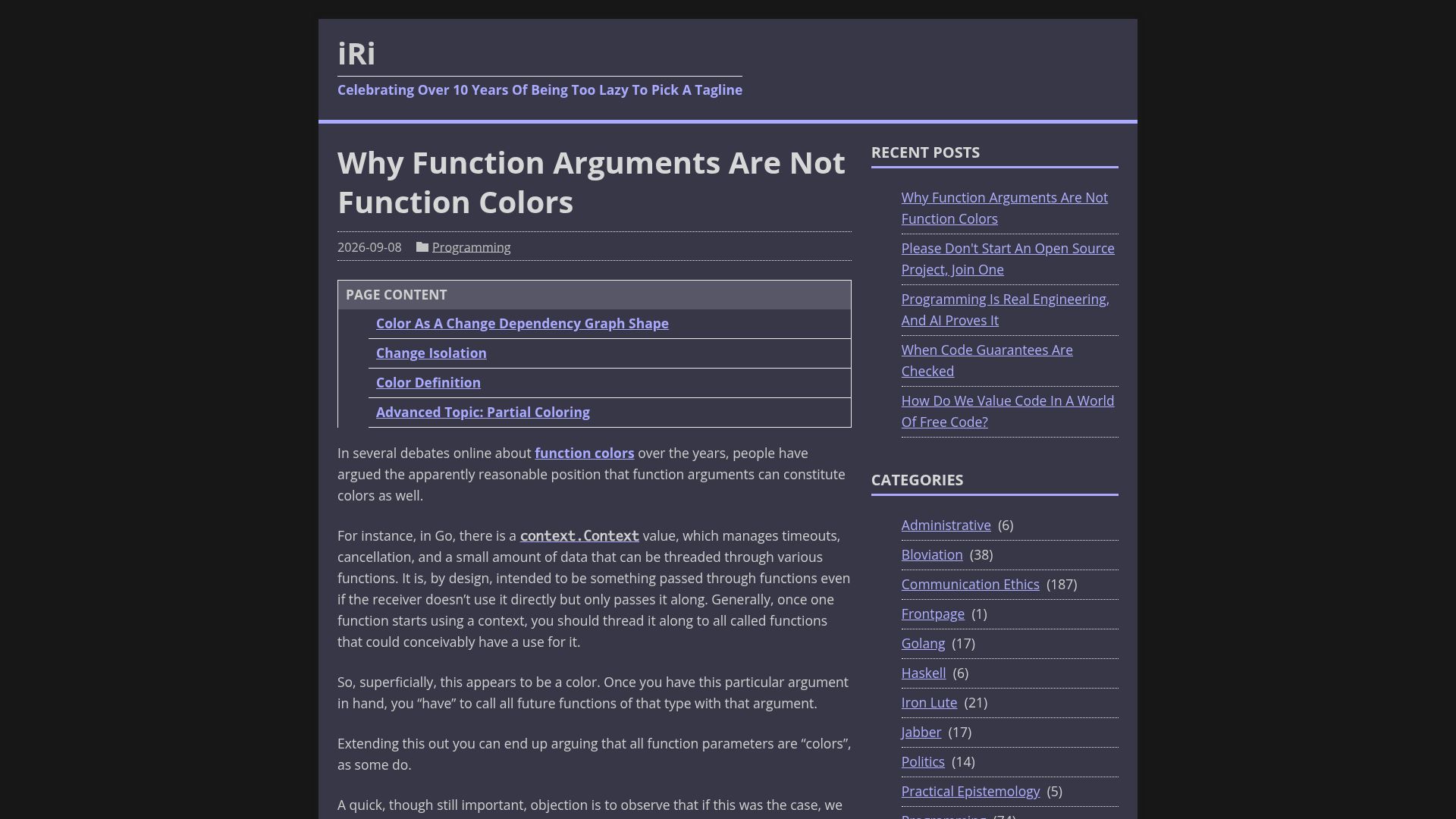 Screenshot of jerf.org: Function Arguments Are Not Function Colors