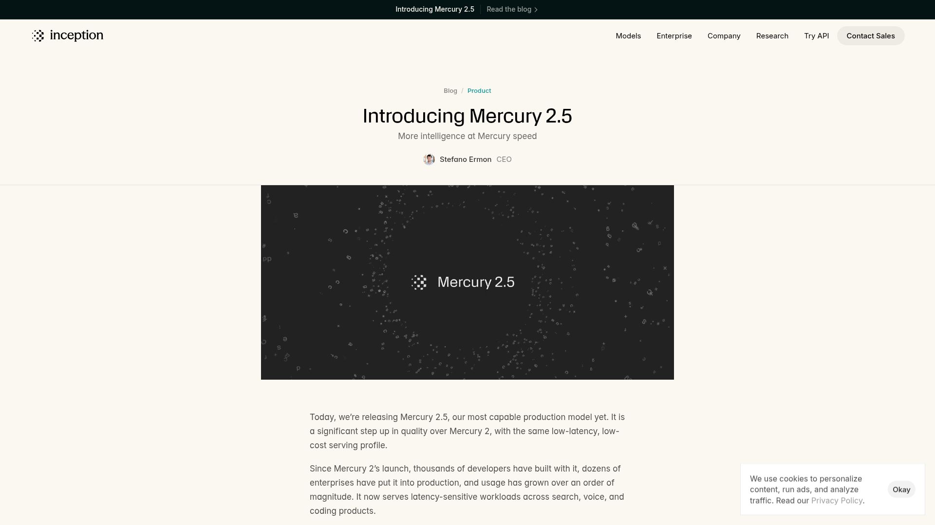Screenshot of inceptionlabs.ai: Mercury 2.5