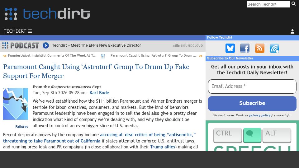 Screenshot of techdirt.com: Paramount Caught Using 'Astroturf' Group to Drum Up Fake Support for Merger