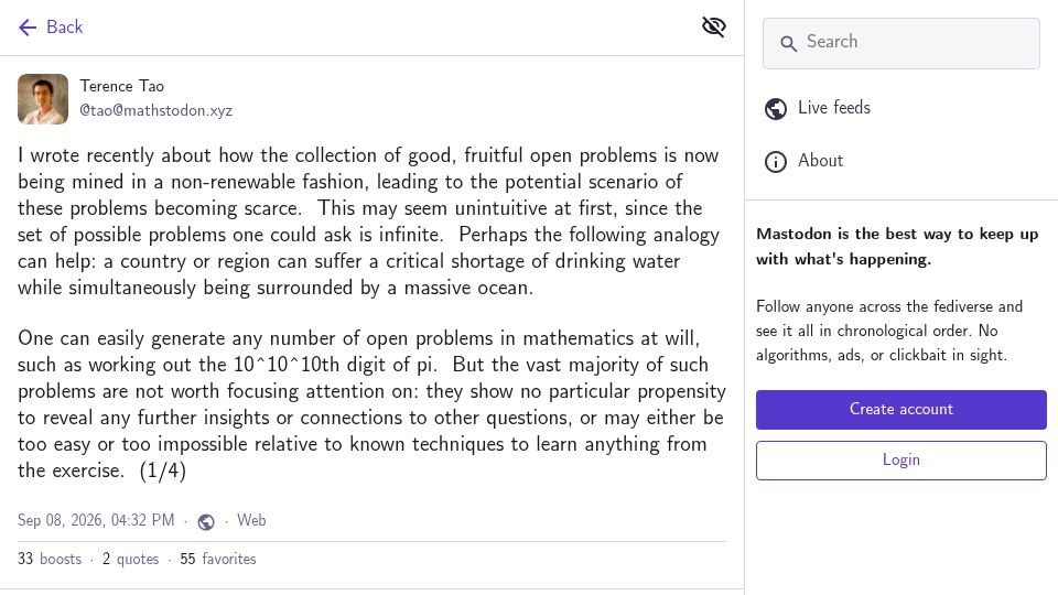 Screenshot of mathstodon.xyz: Tao: Open math problems being non-renewably mined by AI