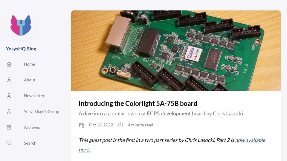 Screenshot of blog.yosyshq.com: Colorlight 5A-75B: A dive into a popular low-cost ECP5 (FPGA) development board