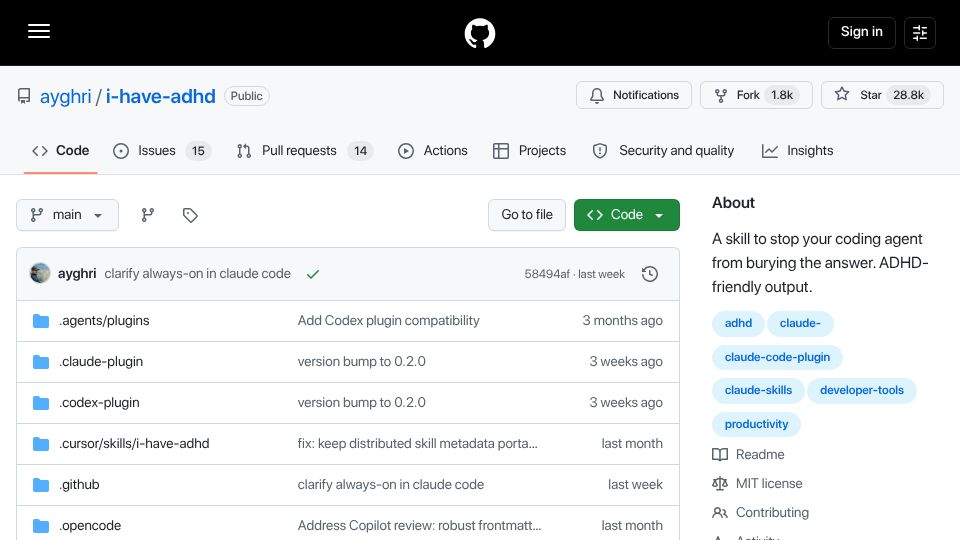 Screenshot of github.com: I-have-ADHD: A skill to stop coding agents from burying the answer