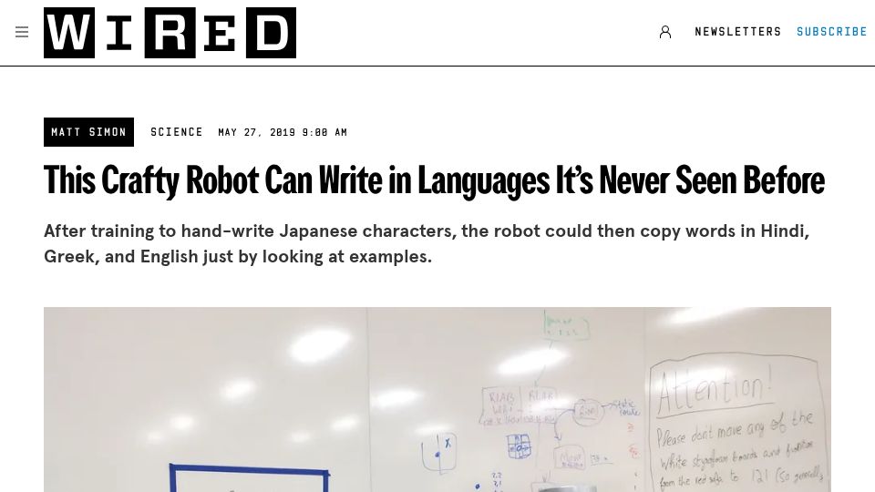Screenshot of wired.com: Robot writes in languages it has never seen before (2019)