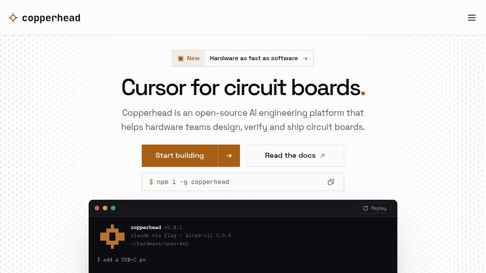 Screenshot of copperhead.sh: Show HN: Copperhead – Cursor for circuit boards