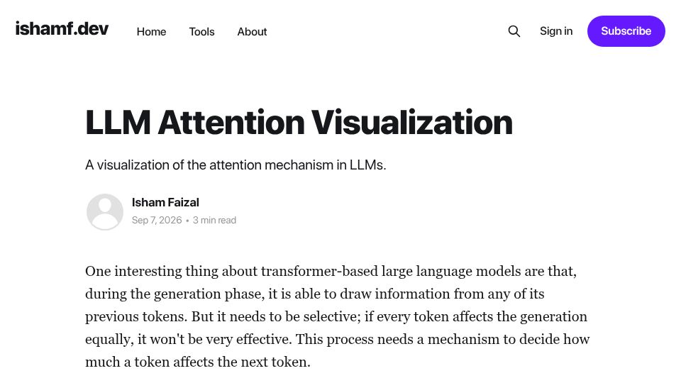 Screenshot of ishamf.dev: Show HN: LLM Attention Visualization