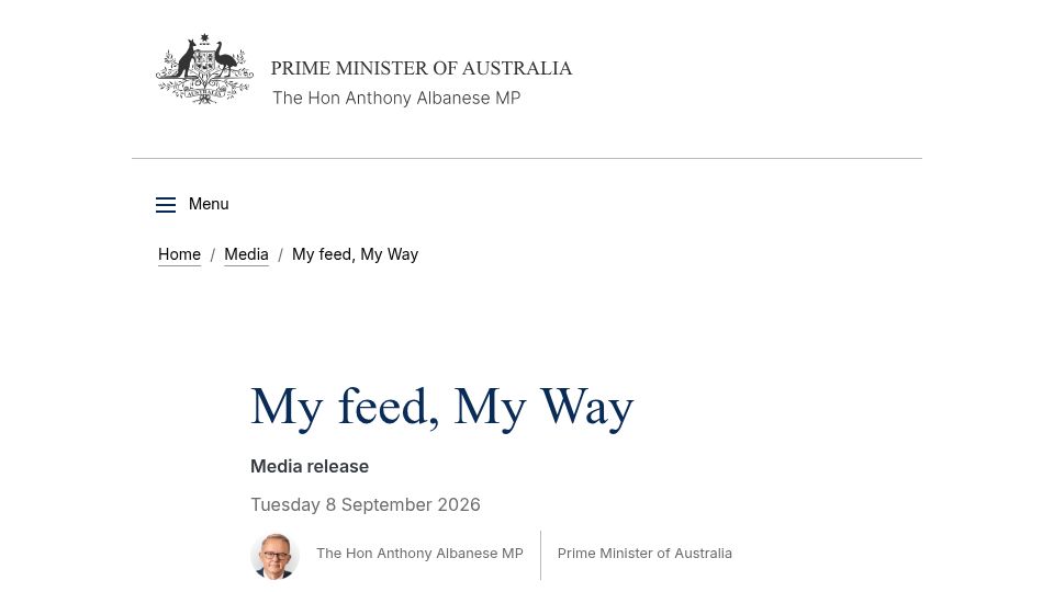 Screenshot of pm.gov.au: My Feed, My Way
