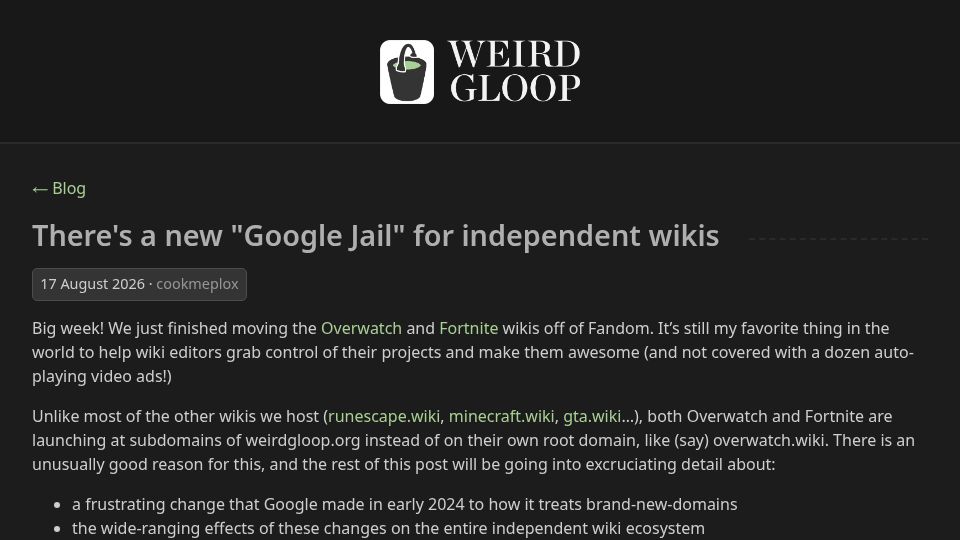 Screenshot of weirdgloop.org: There's a new "Google Jail" for independent wikis