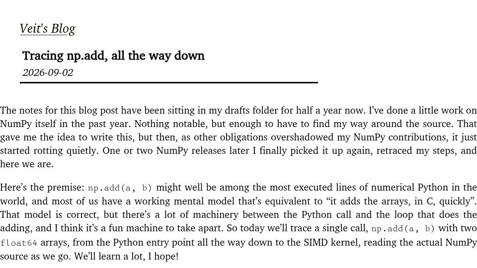 Screenshot of blog.veitheller.de: Tracing np.add, all the way down