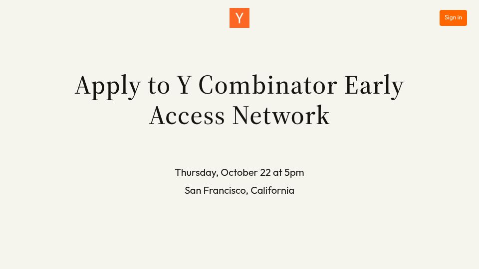 Screenshot of events.ycombinator.com: Y Combinator Early Access Network