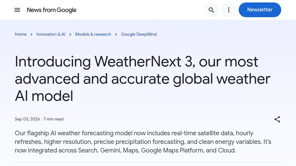 Screenshot of blog.google: WeatherNext 3: Our most advanced global weather AI model