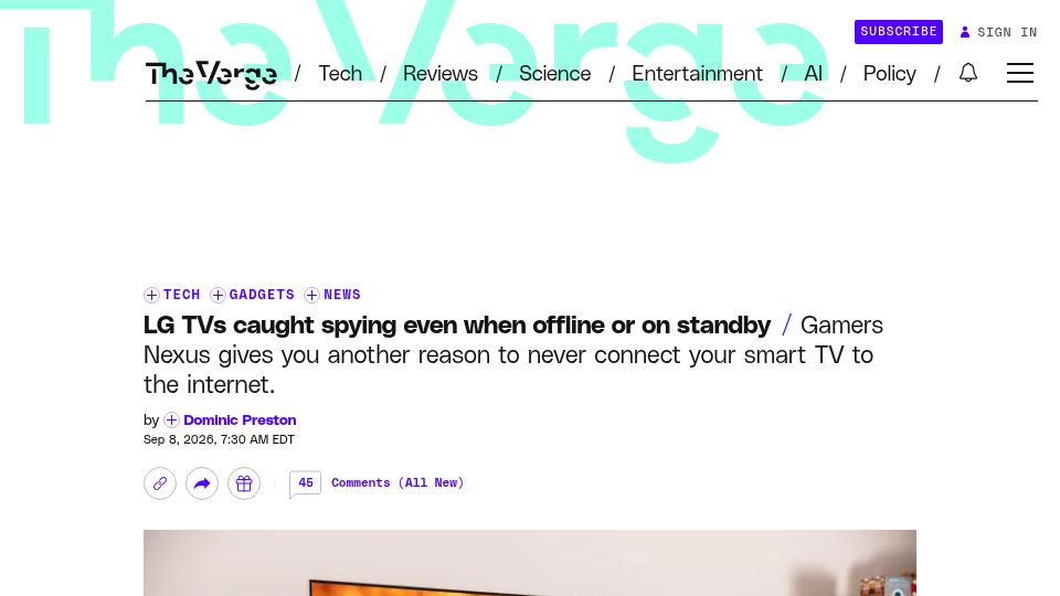 Screenshot of theverge.com: LG TVs caught spying even when offline or on standby