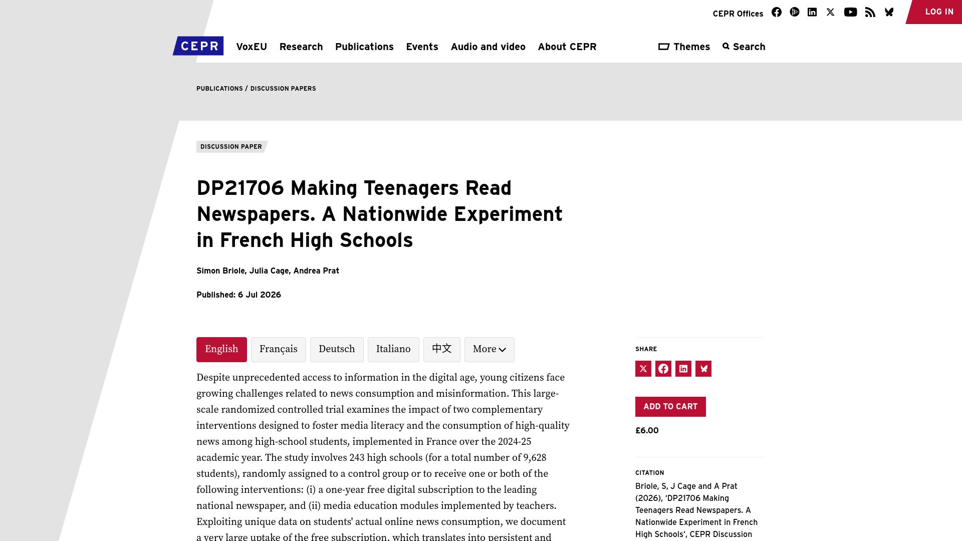 Screenshot of cepr.org: Making Teenagers Read Newspapers. A Nationwide Experiment in French High Schools