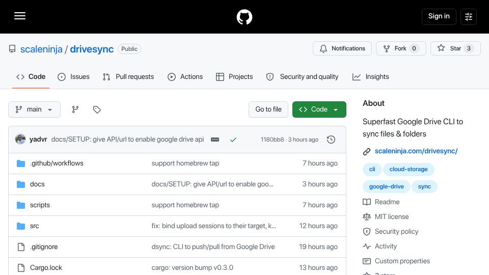 Screenshot of github.com: Show HN: DriveSync – fast Git-styled Google Drive sync CLI