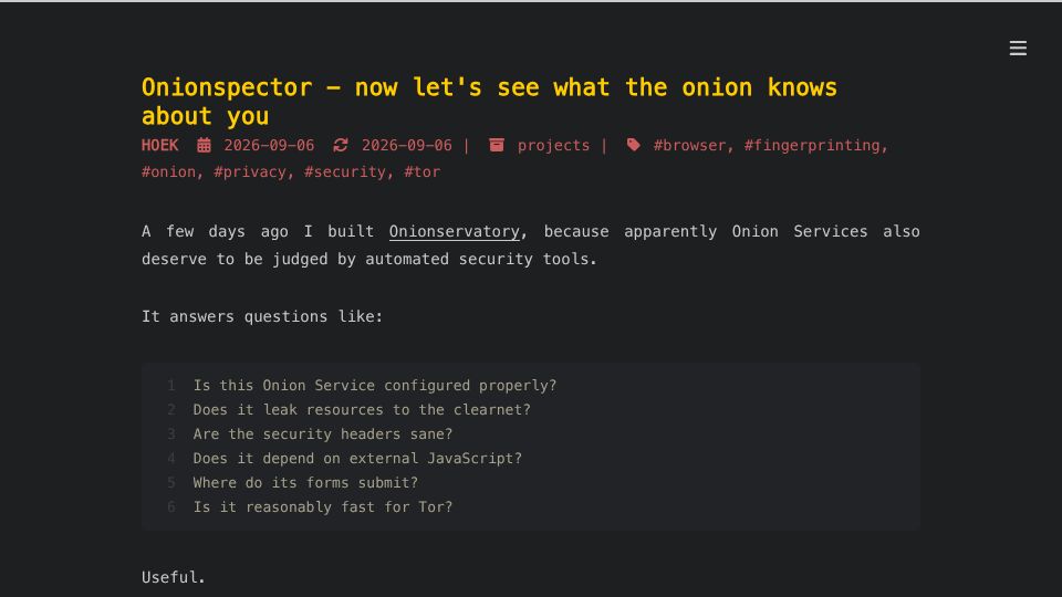Screenshot of 0ut3r.space: Onionspector – now let's see what The Onion knows about you