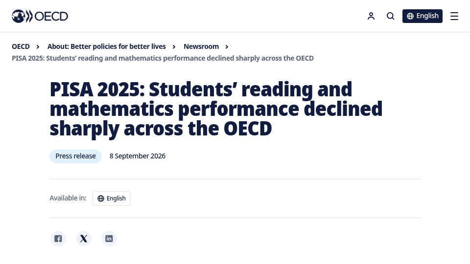 Screenshot of oecd.org: PISA 2025 Students' reading and mathematics performance declined across the OECD
