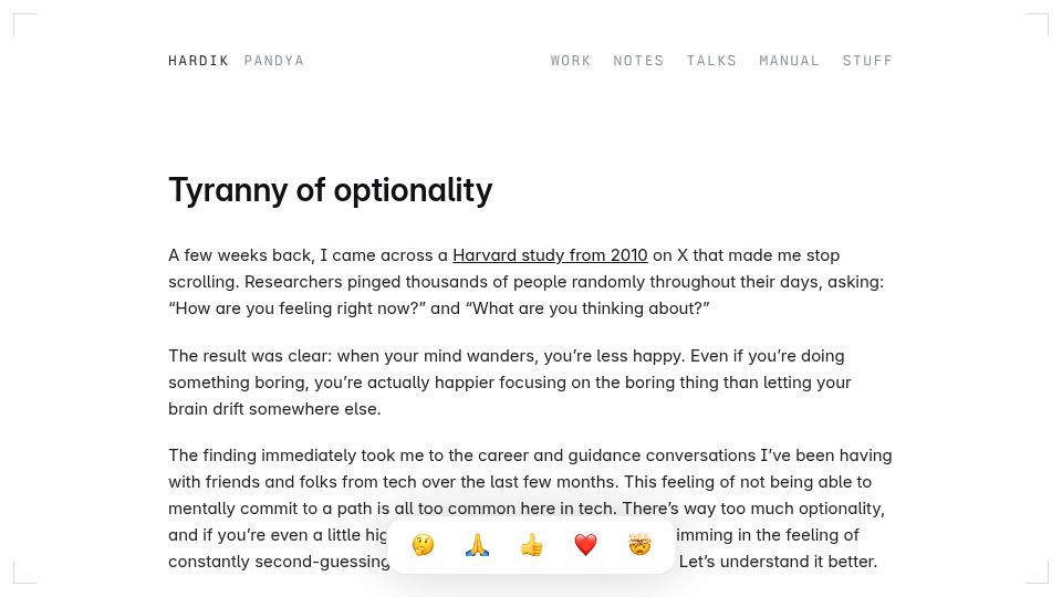 Screenshot of hvpandya.com: Tyranny of Optionality