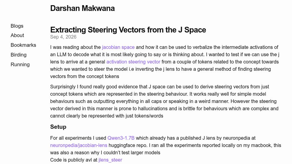 Screenshot of darshanmakwana412.github.io: Extracting Steering Vectors from J space