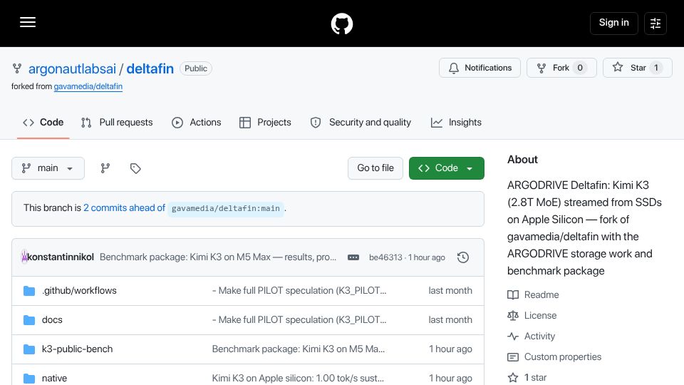 Screenshot of github.com: Kimi K3 (2.8T) at 1 token/s on a MacBook Pro, streamed from four SSDs