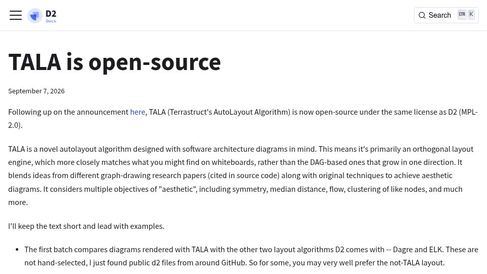 Screenshot of d2lang.com: TALA Is Open-Source