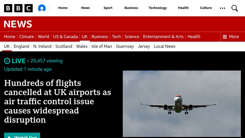 Screenshot of bbc.com: Flights cancelled at UK airports due to ATC issue