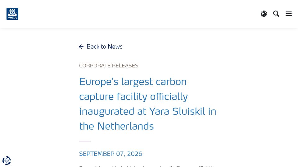 Screenshot of yara.com: Europe's largest carbon capture facility opens in the Netherlands