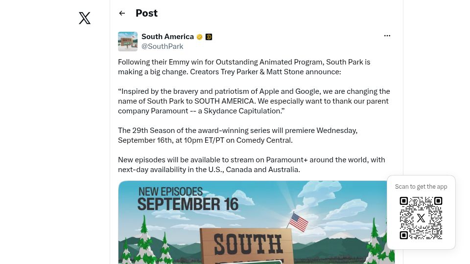Screenshot of twitter.com: Trey Parker and Matt Stone Are Changing the Name of South Park to South America