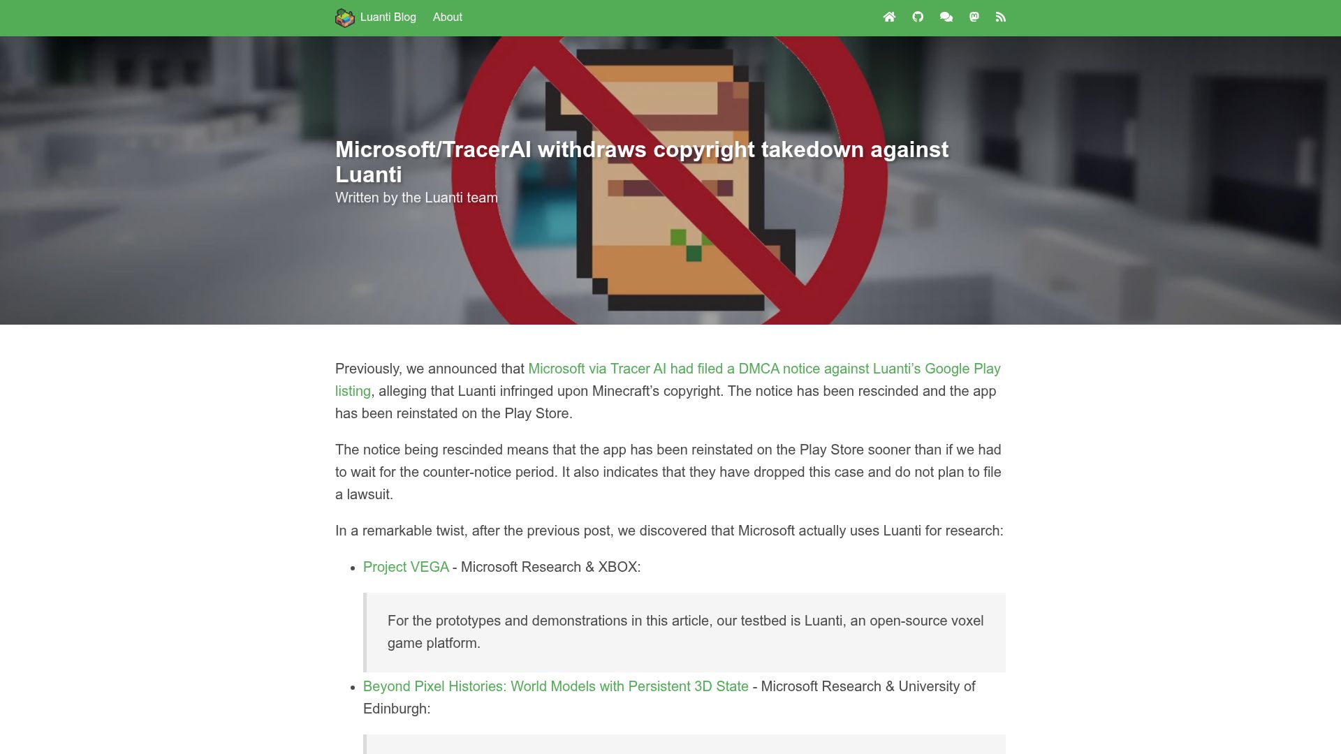 Screenshot of blog.luanti.org: Microsoft/TracerAI withdraws copyright takedown against Luanti