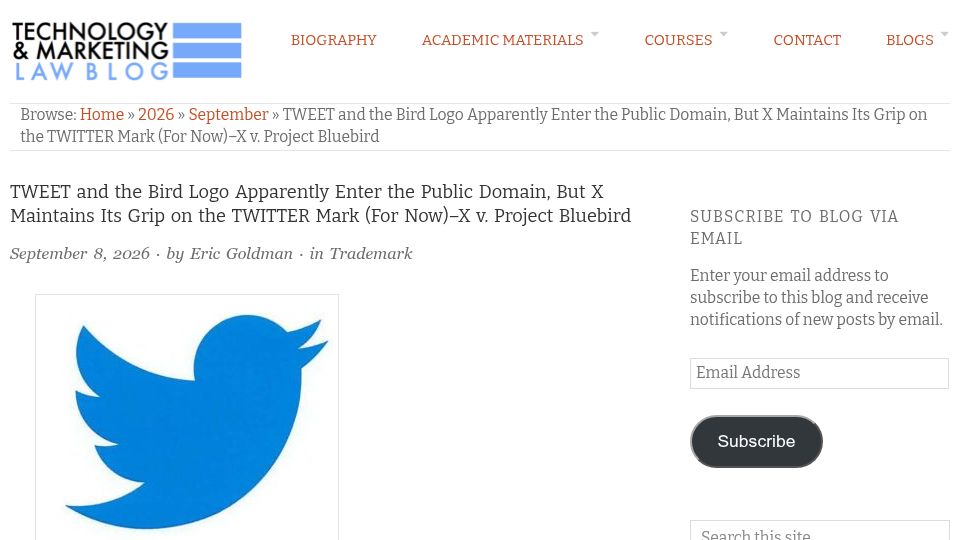 Screenshot of blog.ericgoldman.org: “Tweet” and the bird logo apparently enter the public domain