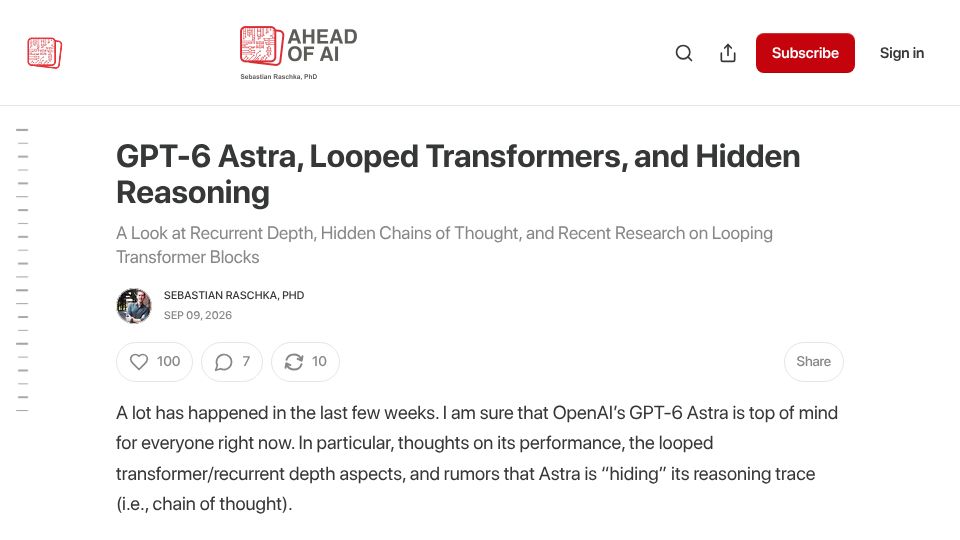 Screenshot of magazine.sebastianraschka.com: GPT-6 Astra, looped transformers, and hidden reasoning